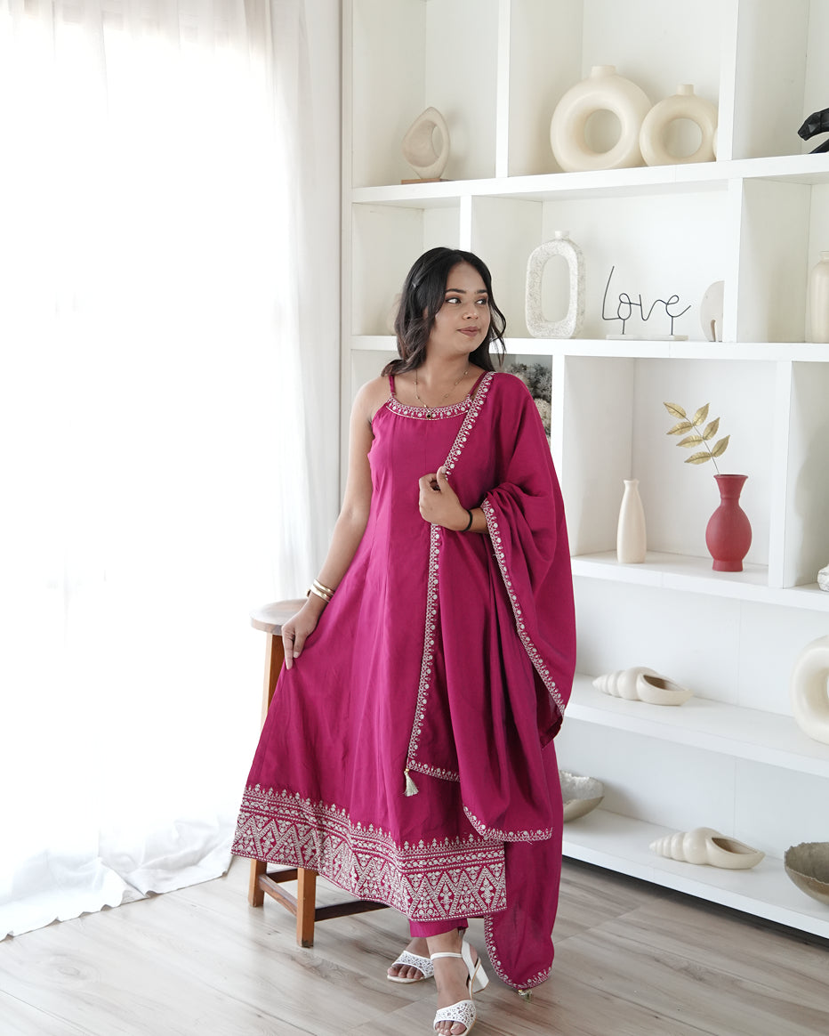 Rose Pink Embroidered Anarkali Suit Set