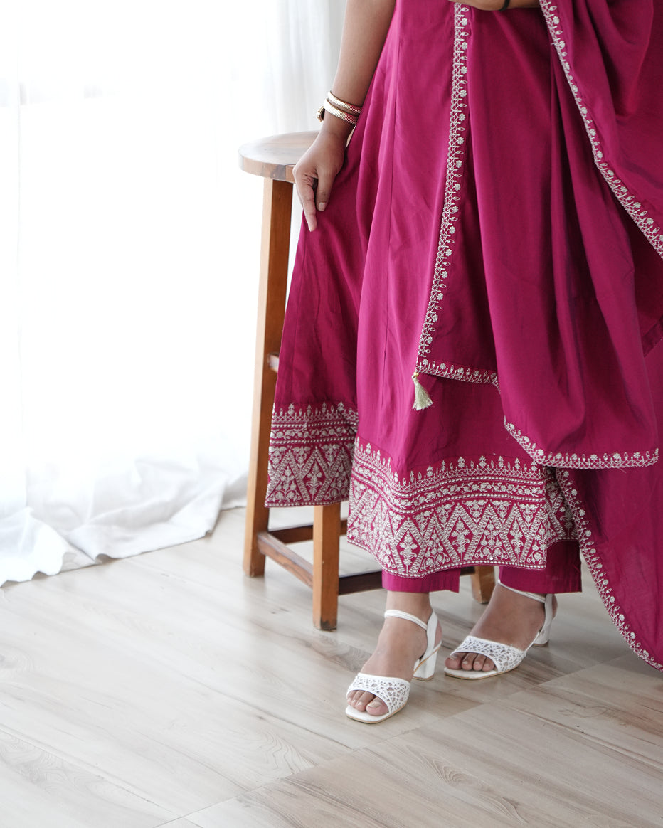 Rose Pink Embroidered Anarkali Suit Set