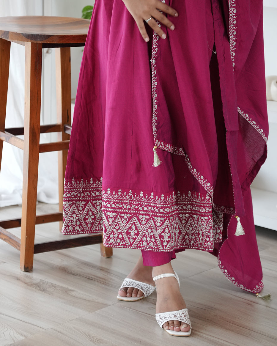 Rose Pink Embroidered Anarkali Suit Set