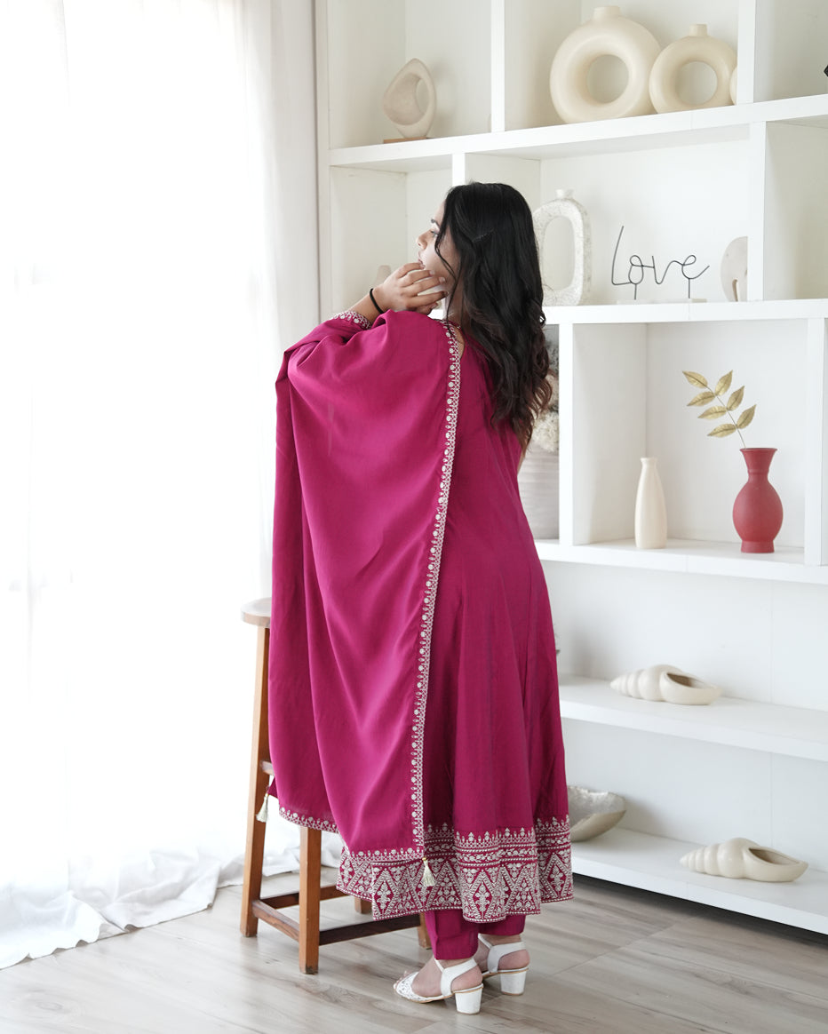 Rose Pink Embroidered Anarkali Suit Set