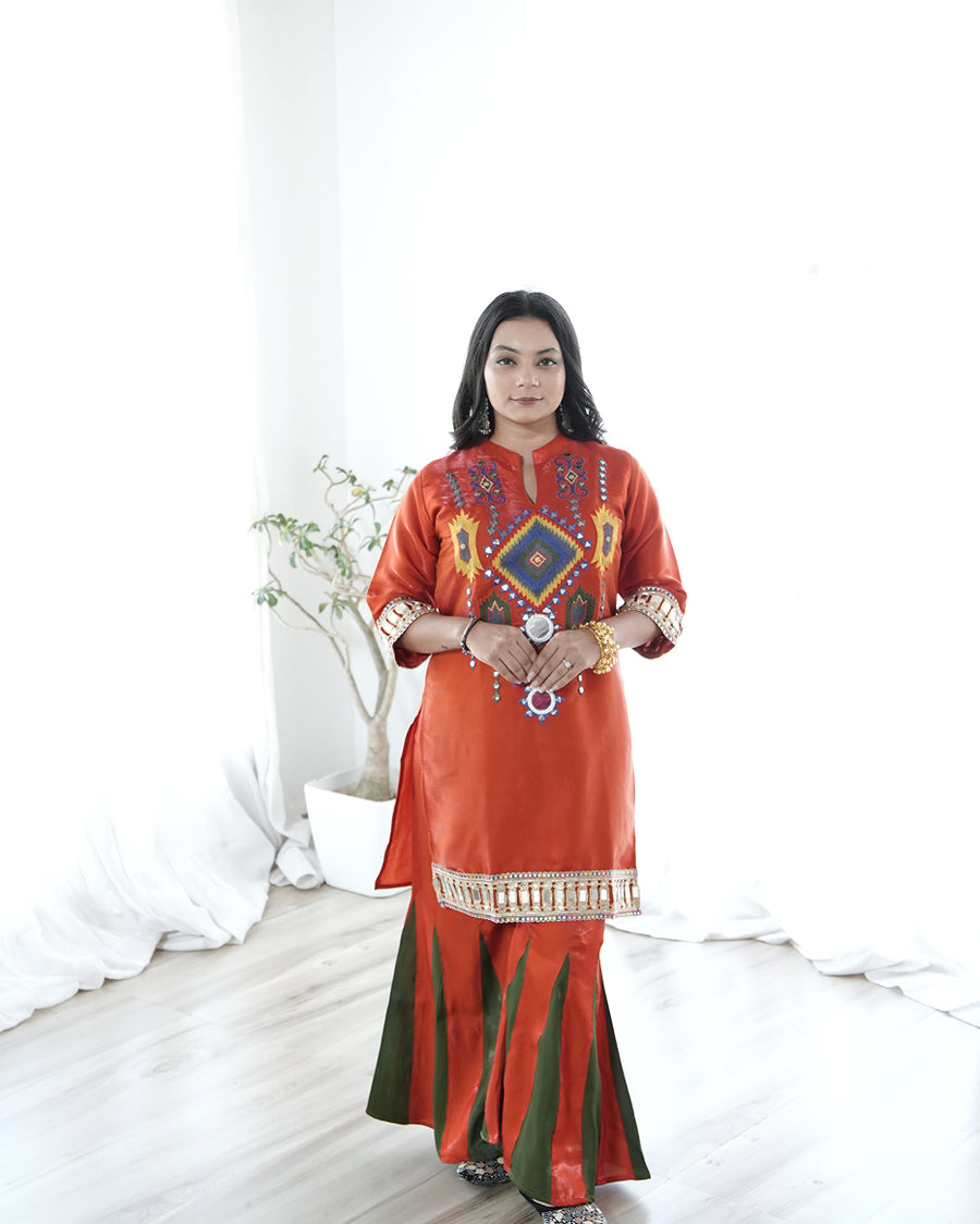 Rust Orange Embroidered Kurta Set with Flared Palazzo
