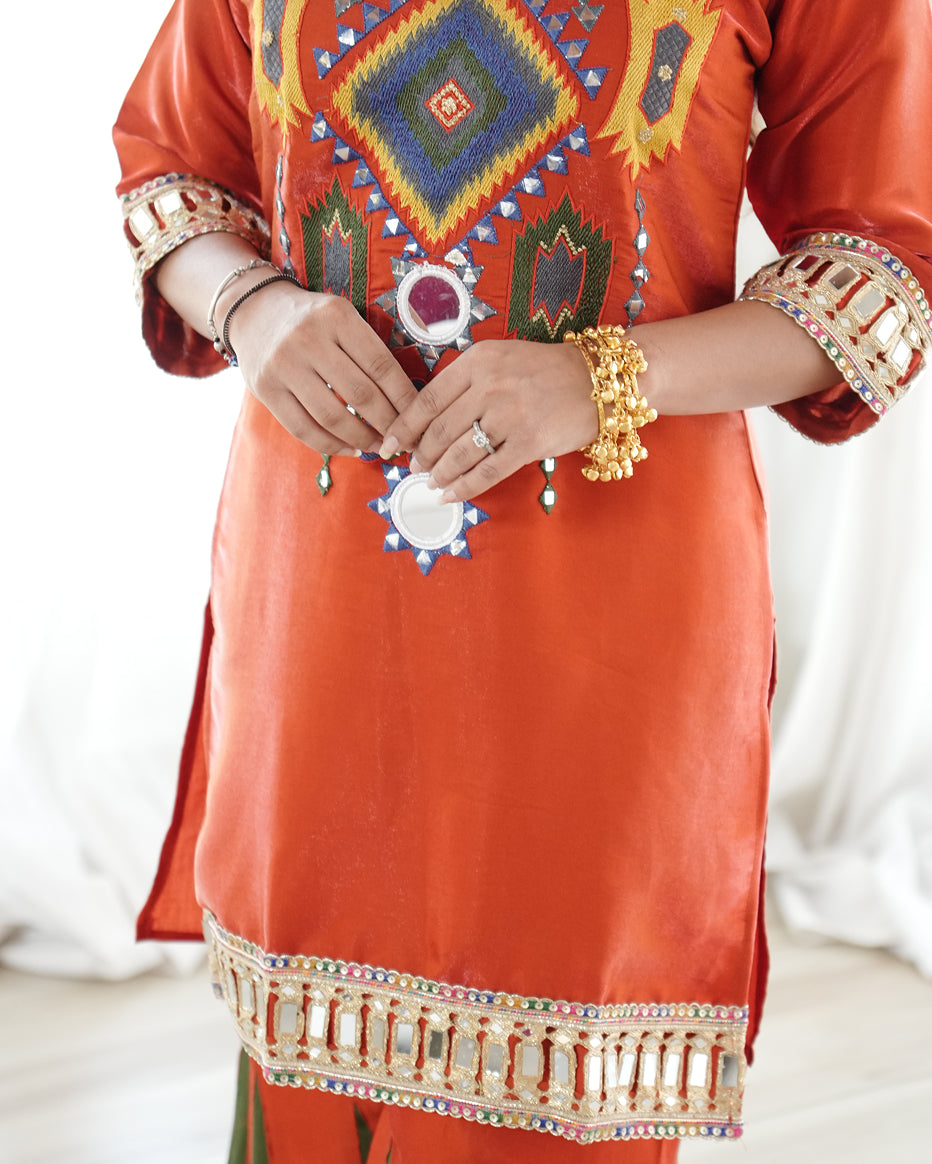 Rust Orange Embroidered Kurta Set with Flared Palazzo