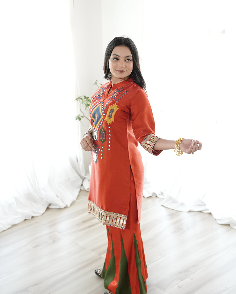 Rust Orange Embroidered Kurta Set with Flared Palazzo