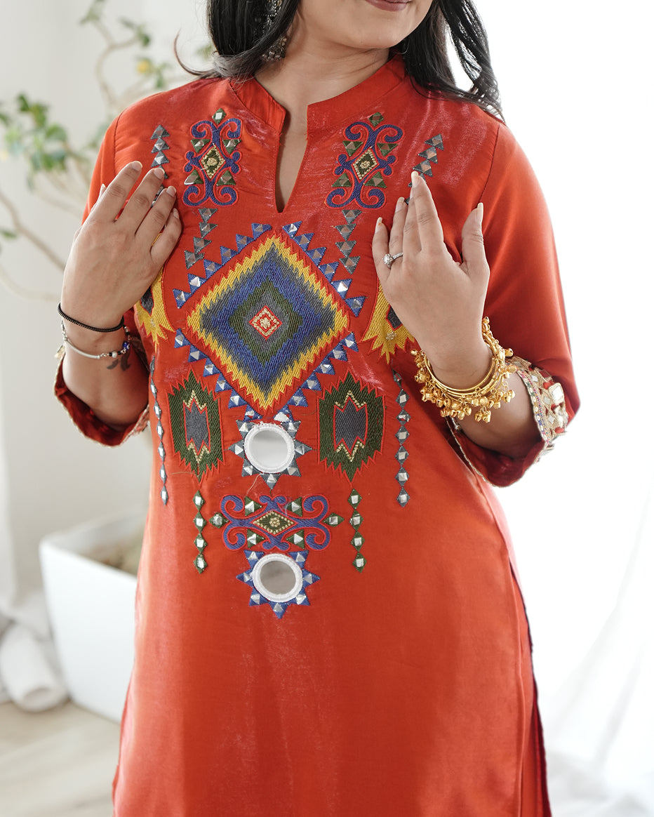 Rust Orange Embroidered Kurta Set with Flared Palazzo