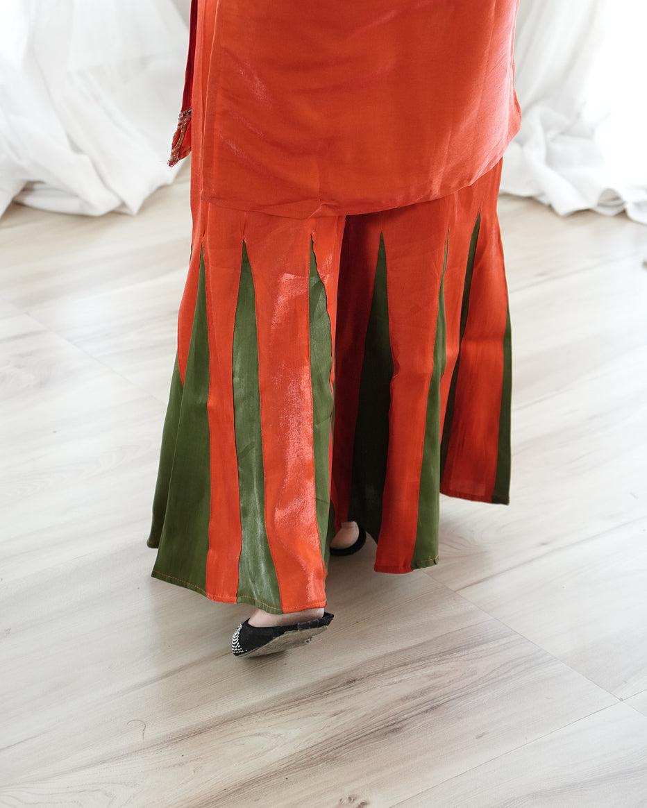 Rust Orange Embroidered Kurta Set with Flared Palazzo