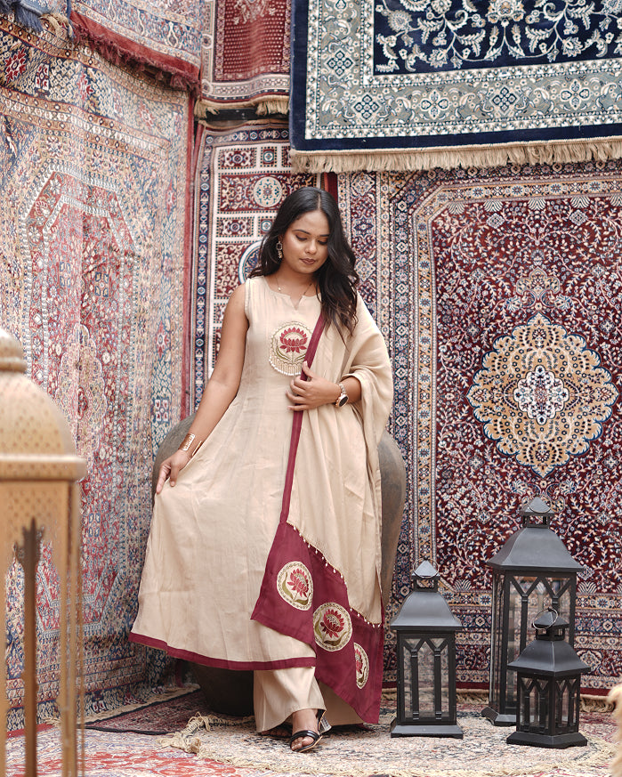 Sandstone Motif Anarkali Set with Contrast Dupatta