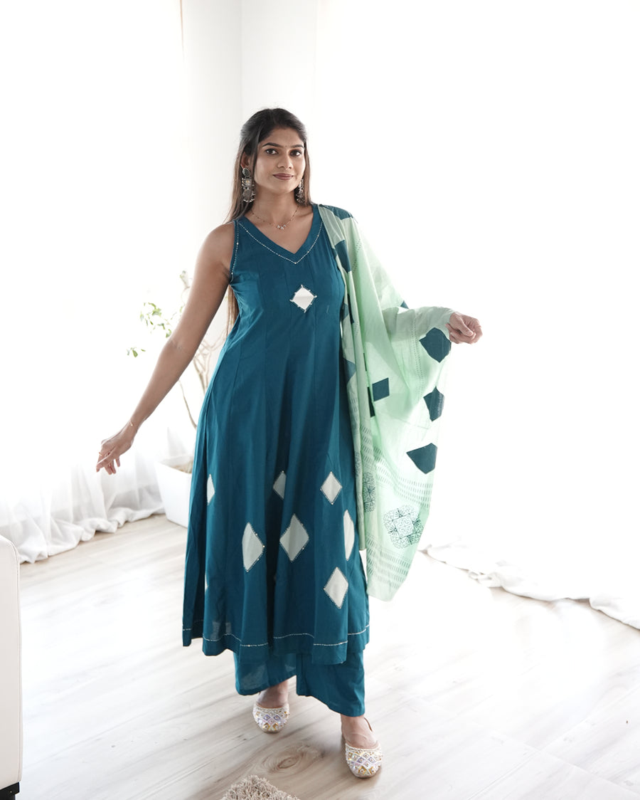 Teal Mirror Work Kurta Set with Dupatta