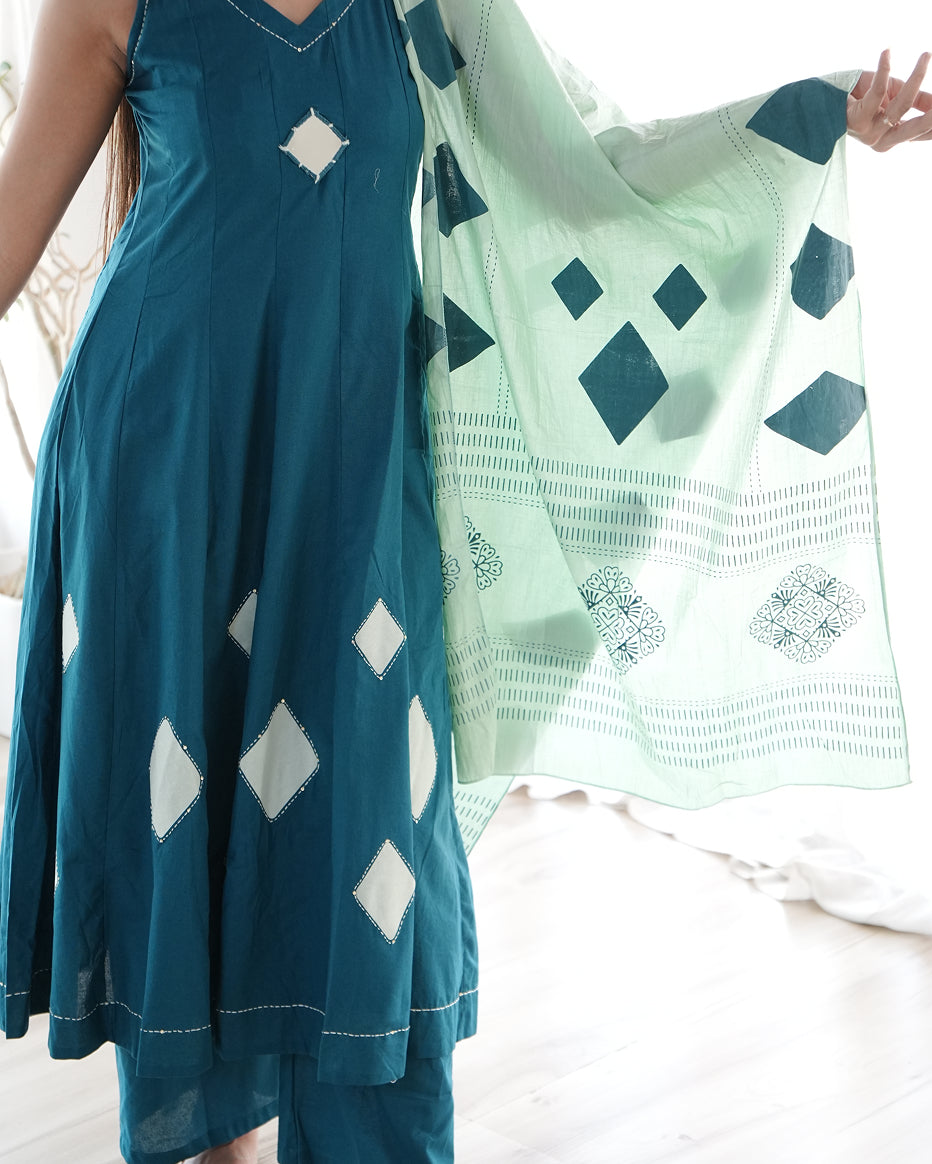 Teal Mirror Work Kurta Set with Dupatta