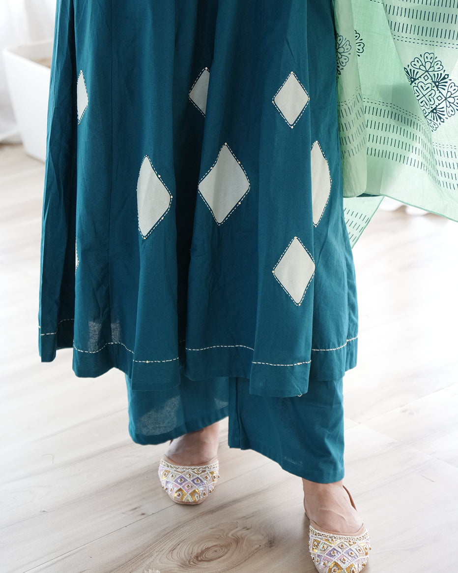Teal Mirror Work Kurta Set with Dupatta