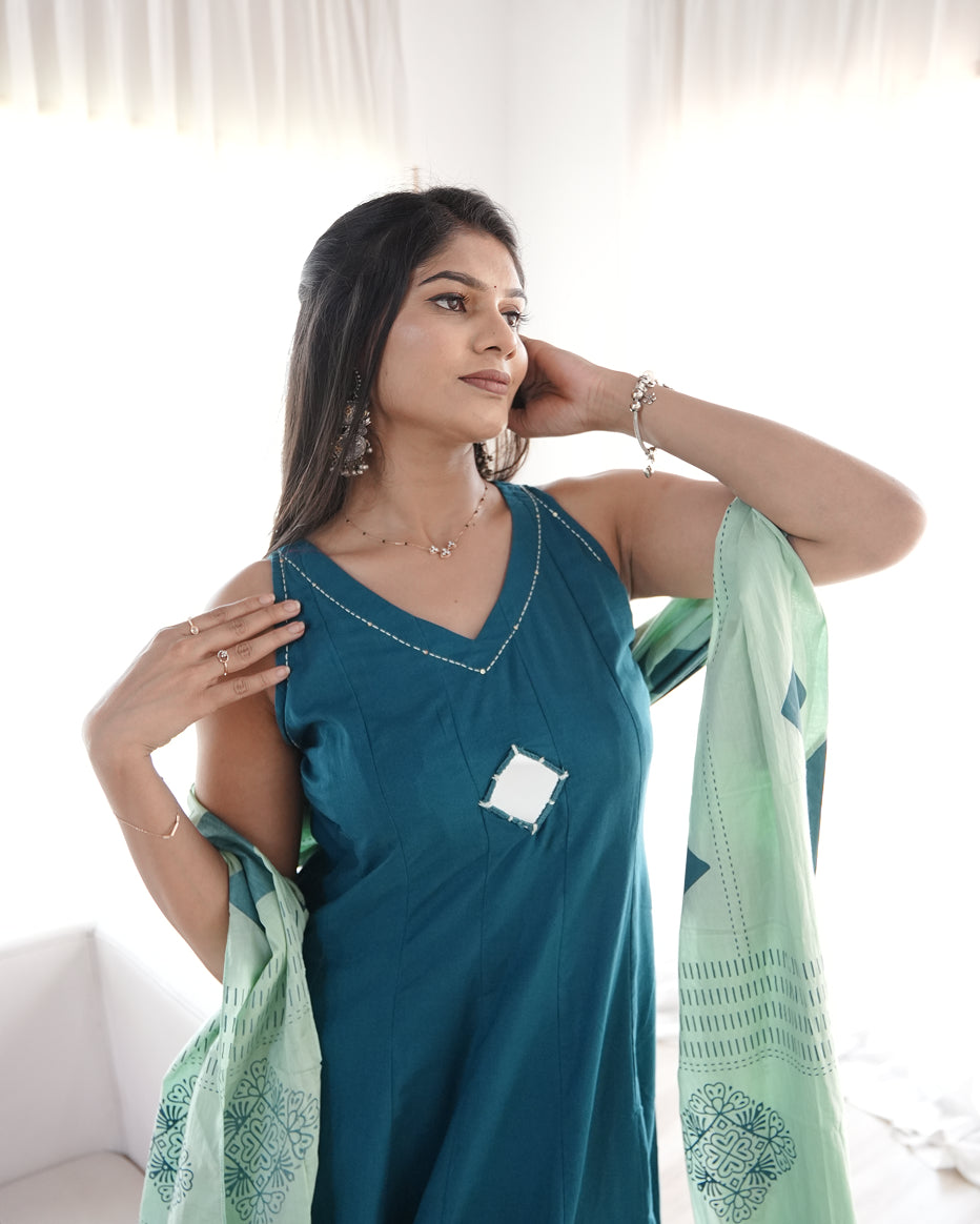 Teal Mirror Work Kurta Set with Dupatta
