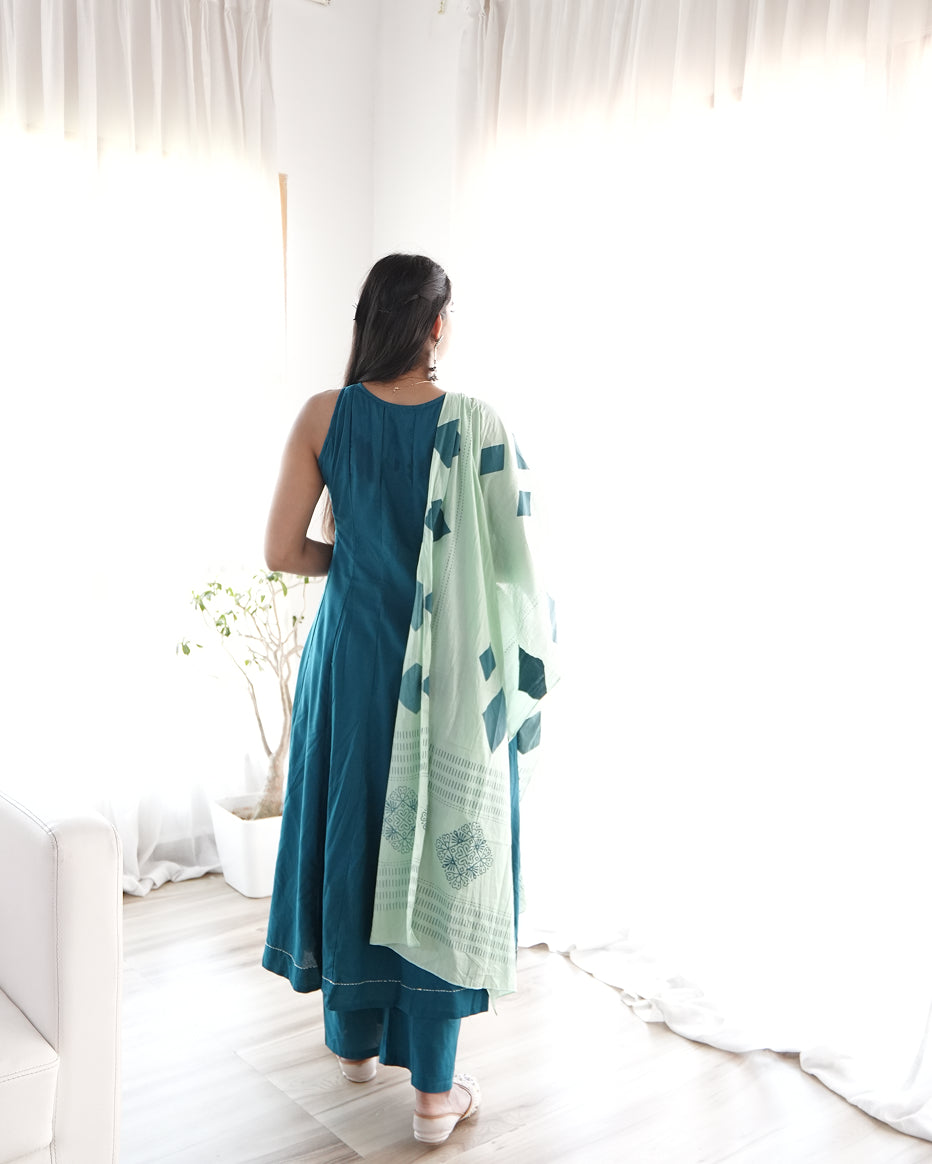 Teal Mirror Work Kurta Set with Dupatta